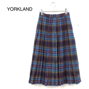 1O1871-W-N◆YORKLAND ヨークランド プリーツスカート 裏地付き ハイウエスト サイドジップ きれいめカジュアル◆size:9AR ブルー系 ウール