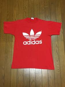 ビンテージ 70s 80s USA製 adidas アディダス Tシャツ M 両面プリント トレフォイル デカロゴ 赤 ヴィンテージ vintgae オールド 70年代