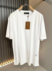 Loro Piana　ロロピアーナ メンズ半袖Tシャツ Mサイズ ホワイト 丸首 綿 トップス カットソー クルーネック 刺繍ロゴ 紳士服 夏物 無地