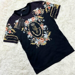 未使用級フローラルDOLCE&GABBANA半袖TシャツXL.LL～L紫黒パープルブラックバイカラー花柄フラワー柄DGロゴ48ドルガバドルチェ&ガッバーナ