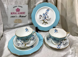 稀少ROYAL ALBERT/ロイヤルアルバート100周年記念 復刻シリーズ1950年 Festival トリオ カップ&ソーサー ケーキ皿 6点 コレクション 未使用