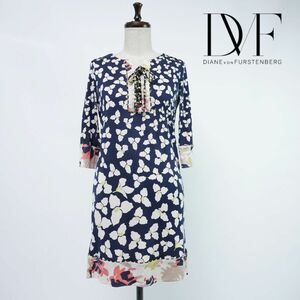 DIANE von FURSTENBERG ダイアンフォンファステンバーグ 総柄レースアップワンピース ミニ丈 レディース 紺 ピンク サイズ2*RC825