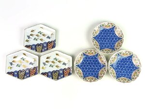 ◆良品◆其泉◆金彩千鳥祥瑞 六角 銘々皿 三枚+色鍋島麻の葉地紋 桔梗縁 銘々皿 三枚 計六枚組◆有田焼◆