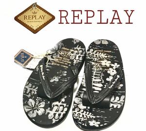 新品◆REPLAY/リプレイ◆ビーチサンダル 定価￥6000-＋税　サイズ40 (25.0〜26.0cm) ブラック　ボタニカル柄　専用収納袋付き