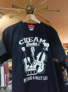 Ｓサイズ黒色クリームソーダROCK LIFEＴシャツ検索用ロカビリー楽器柄CREAM SODAブラックキャッツビスキャッツピンクドラゴン昭和レトロ 