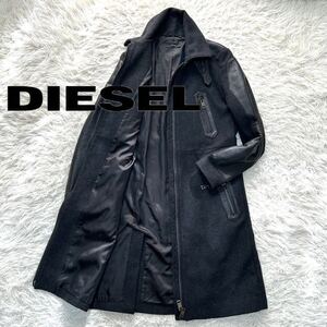 1円【極美品】DIESEL ディーゼル ヤギ革 山羊 本革 ロングコート チェスター ステンカラー ウール リアルレザー 切替 ブラック 黒 スリム