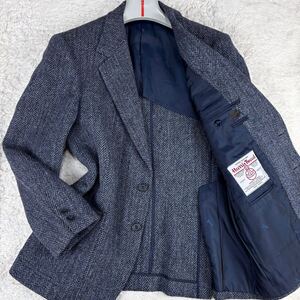 1円 美品 M~S 銀座ヤジマ×ハリスツイード harris tweed テーラードジャケット 2B ヘリンボーン 裏地ロゴ総柄 メンブルー系 