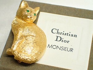 11036[T]Christian Dior ディオール ブローチ ゴールドカラー 猫 ネコ モチーフ 色石