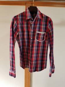 wjk　4814　ch70e　madras check leather-pocket shirts　レザー　ポケット　チェック　シャツ　レッド　サイズ　M