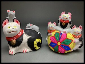 k085 土人形 小幡土人形 手毬猫/鼠/猫 他 郷土玩具 民芸品 2点【白蓮】12