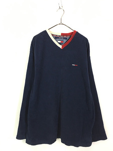 古着 90s TOMMY JEANS ワンポイント 凸凹 ベロア パイル ピケ 長袖 Tシャツ ロンT L 古着