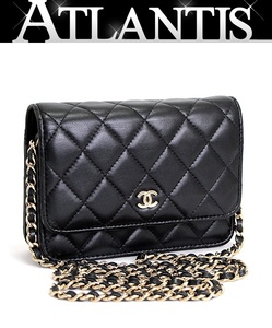 美品 シャネル CHANEL マトラッセ スモールチェーンウォレット ラム 黒 G金具 【65658】