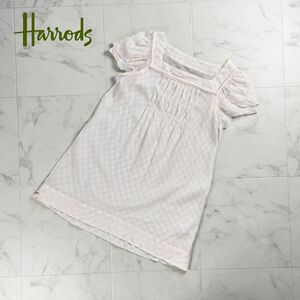 美品 Harrods ハロッズ チェック スクエアネック チュニックブラウスカットソー 半袖 トップス レディース 薄ピンク サイズ2*RC555