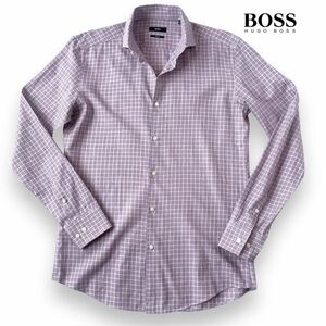 (美品) ヒューゴ ボス HUGO BOSS ワイドカラー 長袖シャツ 39 15 1/2 (日本M) パープル ホワイト チェック柄 格子柄 シャツ