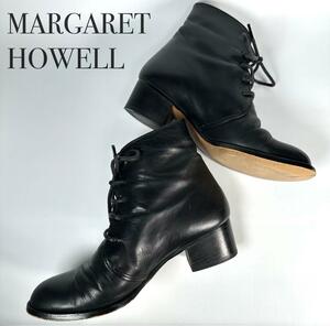 22.5cm マーガレットハウエル 本革 レザー ショートブーツ ブラック 黒 MARGARET HOWELL レースアップ 