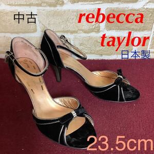 【売り切り!送料無料!】A-173 rebecca taylor!サンダル!23.5cm!ブラック!ベロア!アンクルストラップ!オープントゥ!パンプス!中古!