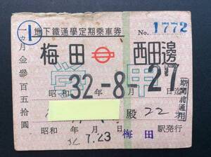 大阪市 地下鉄通学定期乗車券 梅田ー西田辺 常備 昭和32年 学甲青影文字入り