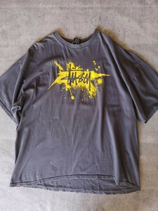 STUSSY ペンキ Tシャツ XXL 2XL グレー イエロー ストックロゴ オーバーサイズ ステューシー OLD ヴィンテージ