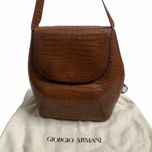 【美品!!】 GIORGIO ARMANI ジョルジオアルマーニ ショルダーバッグ クロコダイル 本革 ワンショルダーバッグ レザー ブラウン系 A56