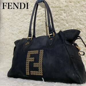 【希少】FENDI フェンディ　トートバッグ　エトニコ　スタッズ　ズッカ　レザー　ヌバック　ロゴ　肩掛け　ワンショルダー