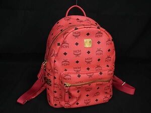 1円 ■極美品■ MCM エムシーエム モノグラム ヴィセトス柄 PVC×レザー スタッズ リュックサック バックパック レッド系 AZ7750