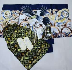 七五三 五歳 男児 羽織袴フルセット 着物 L寸 金刺繍 豪華絢爛 綸子地 濃紺地 鷹 袴変更可能 祝着 新品（株）安田屋 NO38771