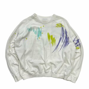 【M】USA 古着 80s アディダス adidas クルーネック ジャージ 80年代 柄 トレフォイルロゴ ホワイト