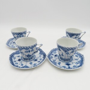 1円〜 2.Royal Copenhagen ブルーフルーテッド ダブルフルレース 顔付 コーヒーカップ&ソーサー 4客 計8点 y273-3434815【Y商品】