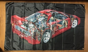 送料無料！お部屋に！かっこいい　フェラーリ　F40　スケルトンロゴ　チェッカーバナーフラッグ 旗　通常サイズ