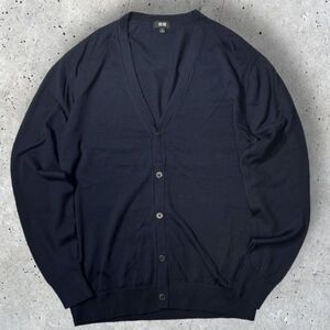 ★美品★ウール100%★UNIQLO★薄手 カーディガン sizeXL ネイビー系 羽織 ユニクロ 古着 クリーニング プレス済み 1790