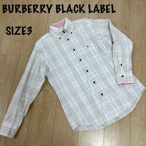 美品　BURBERRY BLACK LABEL バーバリーブラックレーベル　長袖シャツ ボタンダウンシャツ　サイズ3 ホワイト/薄ピンク　刺繍ロゴ　クリ済