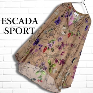 ESCADA SPORT エスカーダ スポーツ シルク 絹 100% 花柄 総柄 長袖 プルオーバー ブラウス シャツ チュニック ベージュ レディース 2604L