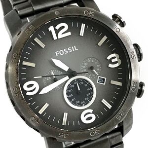 美品 FOSSIL フォッシル Nate ネイト 腕時計 JR-1437 クオーツ アナログ ラウンド ブラック クロノグラフ 箱付 電池交換済 動作確認済み