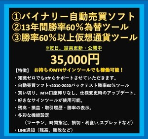 ハイロー専用バイナリー自動売買ソフト+勝率60％以上の1分足為替通貨+仮想通貨ツール＋おまけ複数時間足勝率60％以上ツール