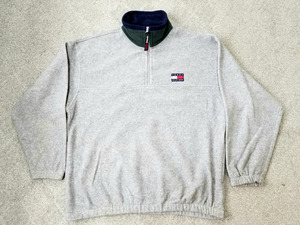 良好 90s ビンテージ TOMMYHILFIGER ロゴワッペン プルオーバー フリースジャケット Lサイズ グレー×緑×赤×紺 // XL