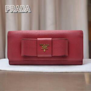 PRADA 長財布 レザー ゴールドジップ リボンデザイン ピンク