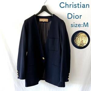 ■ Christian Dior ディオール ■ ノーカラー ウール ジャケット ■ M ■ ネイビー 金ボタン ロゴ 紋章 ■ /