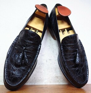 【美品/カイマンレザー】ITALY製 BALLY/バリー ワニ革 タッセルローファー UK91/2 28cm相応 ブラック 黒/santoni testoni