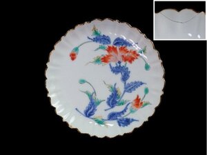 【金継材料】 673　大聖寺伊万里　色絵　芥子の花の図　輪花　５寸皿