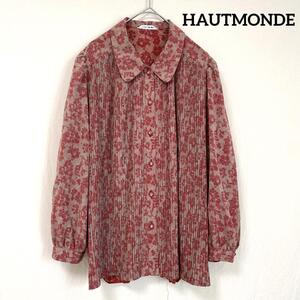 【HAUTMONDE】古着 昭和レトロ 長袖ブラウス シャツ 丸襟 総柄 プリーツ加工 