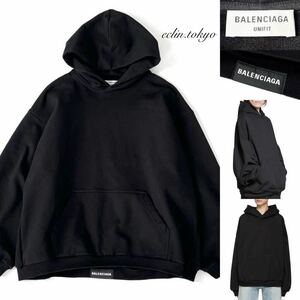 【E4080】極美品 BALENCIAGA バレンシアガ 裾ロゴ オーバー ビッグ シルエット パーカー ロゴ フーディ 黒 S Largefit logo Hoodie sweater