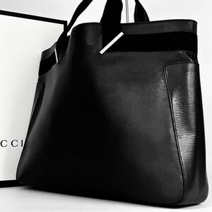 ●高級●GUCCI グッチ オールレザー カーフ GG柄 プレート トートバッグ ビジネスバッグ 鞄 かばん A4可 メンズ 黒 ブラック