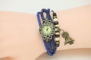 【 送料当社負担 】◆ ふくろうペンダント腕時計 ◆ 女性レザーブレスレット ◆ クォーツレザー腕時計 ◆梟 ◆ブルー色 ◆Owl-1-bu