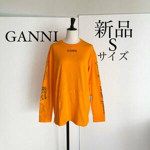 GANNI ガニー　ロゴ入りTシャツ　カットソー　トップス　Sサイズ　オレンジ