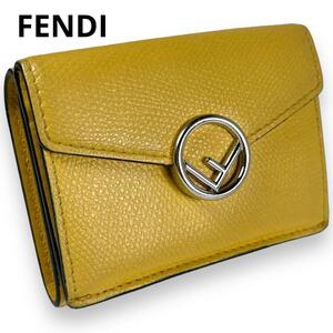  FENDI フェンディ 三つ折り財布 ウォレット Wallet コンパクト エフイズ F金具 マイクロ トリフォールド レター レザー シボ革 イエロー