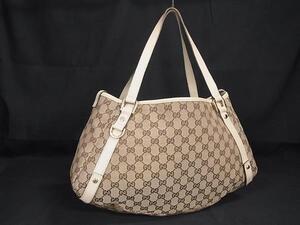 1円 ■美品■ GUCCI グッチ 130736 GG柄 GGキャンバス×レザー ハンドバッグ トート ショルダー 肩掛け ブラウン系×アイボリー系 FJ2527