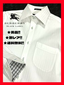 ◆送料無料！★美品＋高級クリーニング！◆BURBERRY,バーバリーブラックレーベル 長袖シャツ 白 M 太シャドーストライプ柄★綺麗でオシャレ