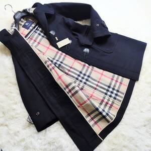 未使用級カシミアBURBERRY LONDONロングダッフルコート ピュアカシミヤ入 メガノバチェック柄 XL.LL～L 濃紺ネイビー大 バーバリーロンドン