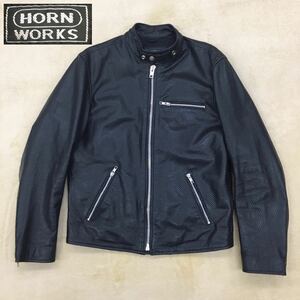 HORN WORKS ホーンワークス パンチレザージャケット シングルライダース バッファロー 革ジャン メッシュ メンズ サイズL ブラック 黒