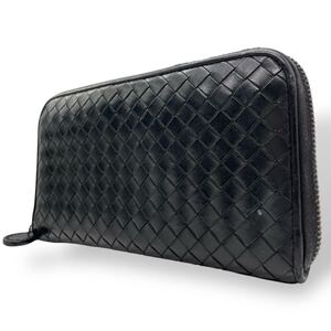 【定番人気】1円〜 BOTTEGA VENETA ボッテガヴェネタ イントレチャート 本革 ラウンドファスナー 長財布 レザー ロングウォレット ブラック